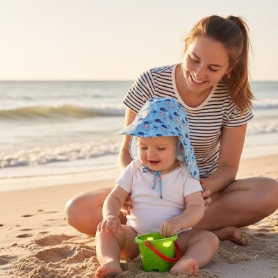 Maman et bébé à la plage portant casquette bebe bleu animalier