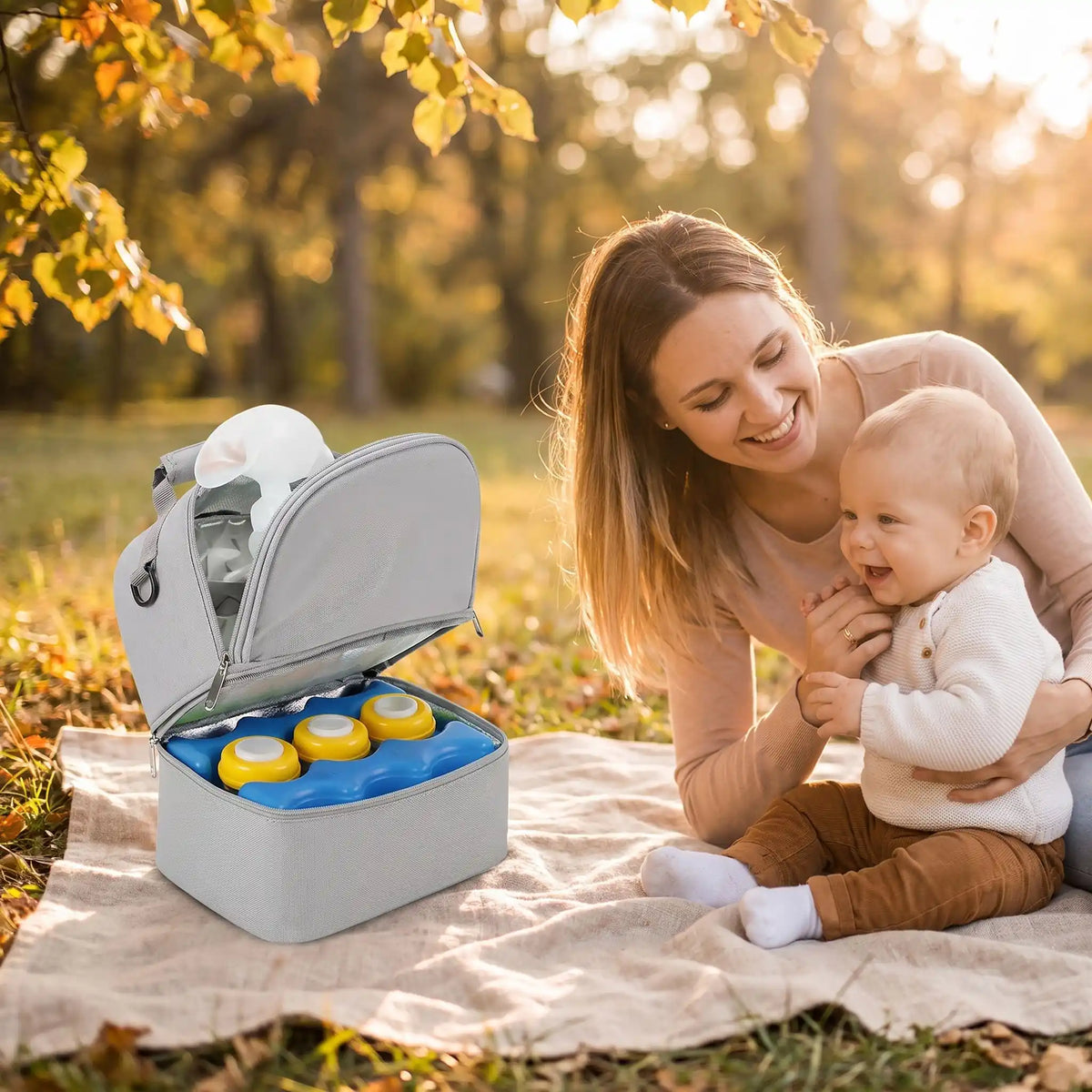 Maman et bébé au parc avec porte biberon gris pratique