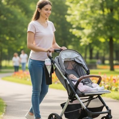 Maman et bébé en balade avec porte biberon  noir accroché