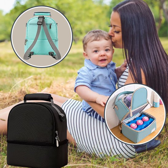 Maman et bébé au parc avec porte biberon noir pratique