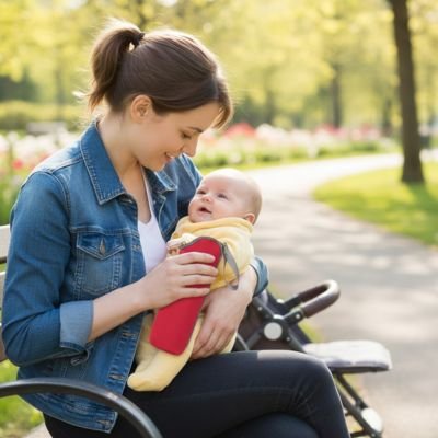Maman et bébé au parc avec porte biberon  rouge