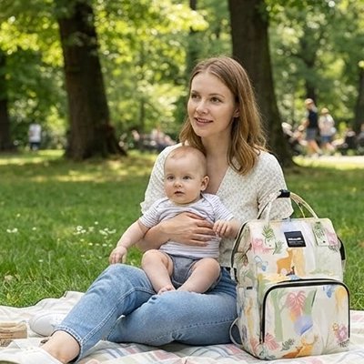 Maman et bébé dehors avec sac a langer model zoo