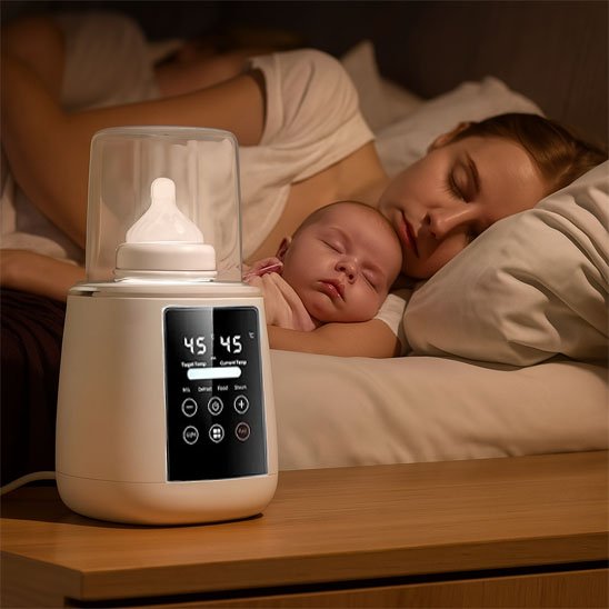 Maman et bébé dorment à côté chauffe biberon beige

