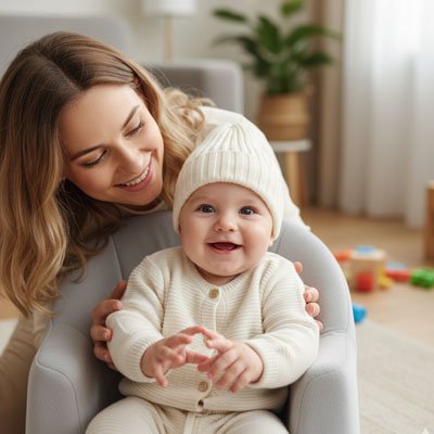 Maman et bébé heureux portant bonnet bebe beige en chambre