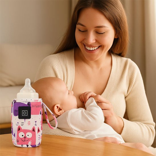 Maman et bébé heureux près chauffe biberon portable chat