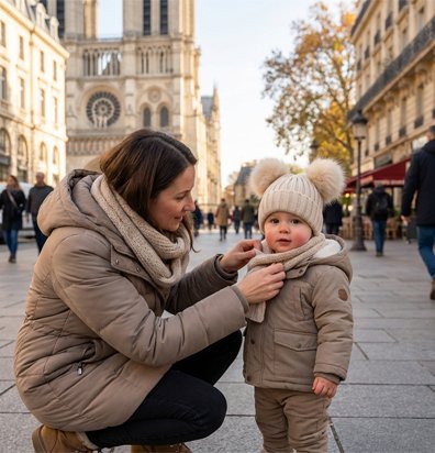 Maman et bébé portant bonnet bebe beige laine en balade 