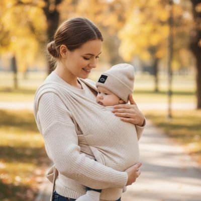Maman et bébé portant bonnet bebe beige naturel  au parc