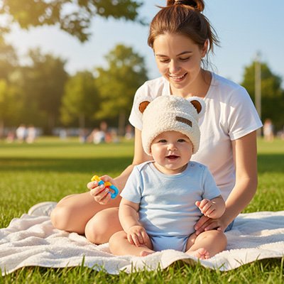 Maman et bébé portant bonnet bebe beige petites oreilles dehors