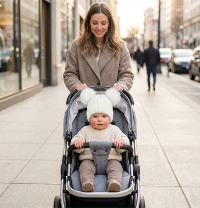 Maman et bébé portant bonnet bebe blanc laine en balade