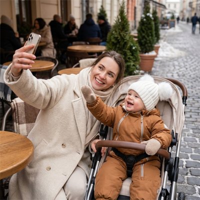 Maman et bébé portant bonnet bebe blanc laine mode selfie