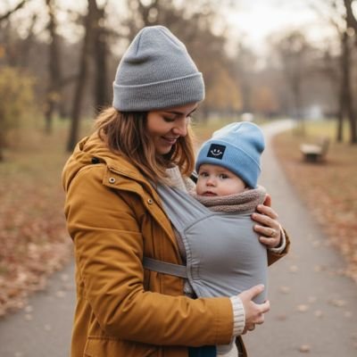 Maman et bébé portant bonnet bebe bleu ciel au parc