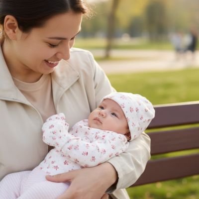  Maman et bébé portant bonnet bebe fille rose à l'extérieur