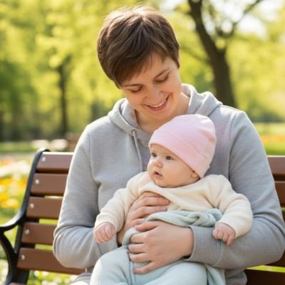  Maman et bébé portant bonnet bebe fille rose au parc