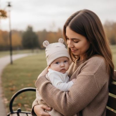  Maman et bébé portant bonnet bebe   lapin au parc