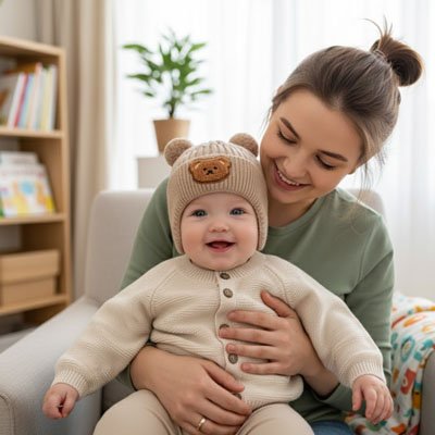 Maman et bébé portant bonnet bebe marron tricot