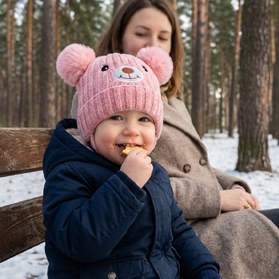 maman et bébé portant bonnet bebe rose dans les bois