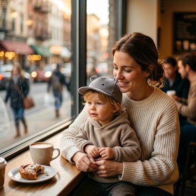 Maman et bébé portant casquette bebe gris éléphant au restaurant