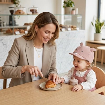 Maman et bébé portant casquette bebe rose à table
