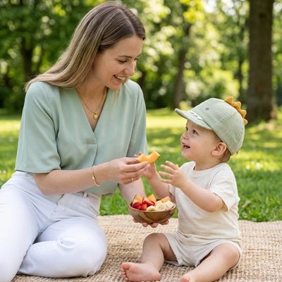 Maman et bébé portant casquette bebe vert au parc