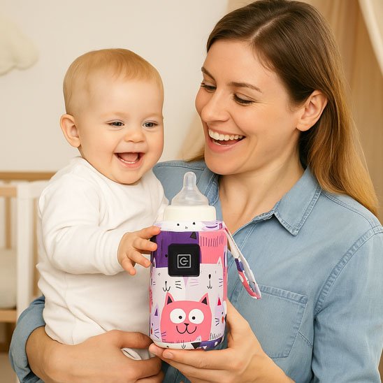 maman et bébé riant tiennent chauffe biberon portable​ chat