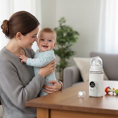 maman et bébé rient près chauffe biberon blanc sur table
