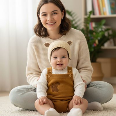 Maman et bébé souriant avec bonnet bebe tricoté beige
