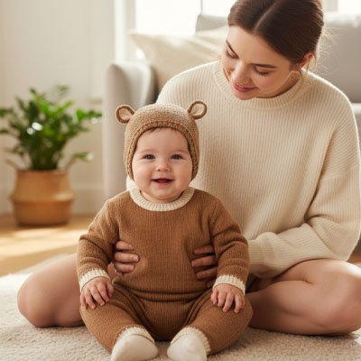 Maman et bébé souriant avec bonnet bebe tricoté kaki automne