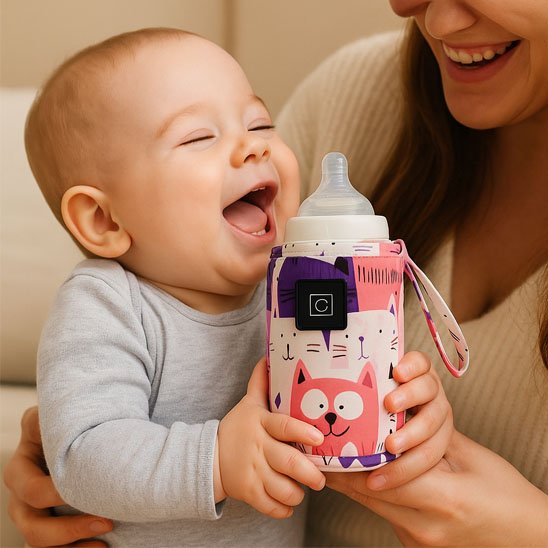 Maman et bébé souriant avec chauffe biberon chat