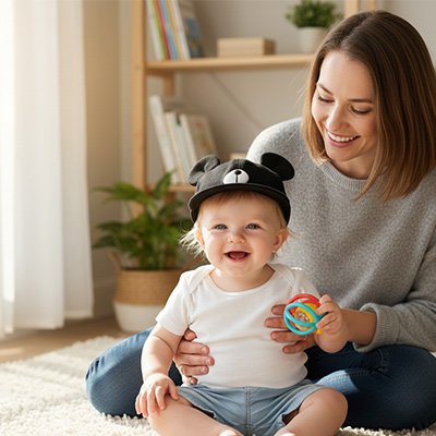 Maman et bébé souriant  porte casquette bébé noir ours
