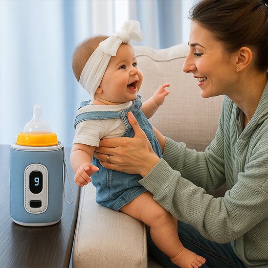 Maman et bébé souriants près chauffe biberon nomade bleu