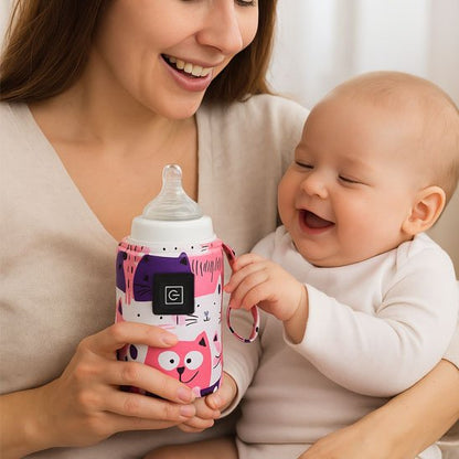 Maman et bébé souriants tiennent chauffe biberon portable chat