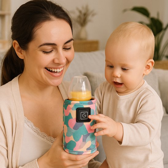 Maman et bébé  souriants tiennent chauffe portable biberon bicolore