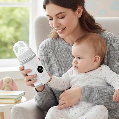 maman et bébé tiennent chauffe biberon en main