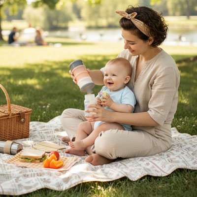 maman et bébé utilisent boite doseuse lait au pique nique 