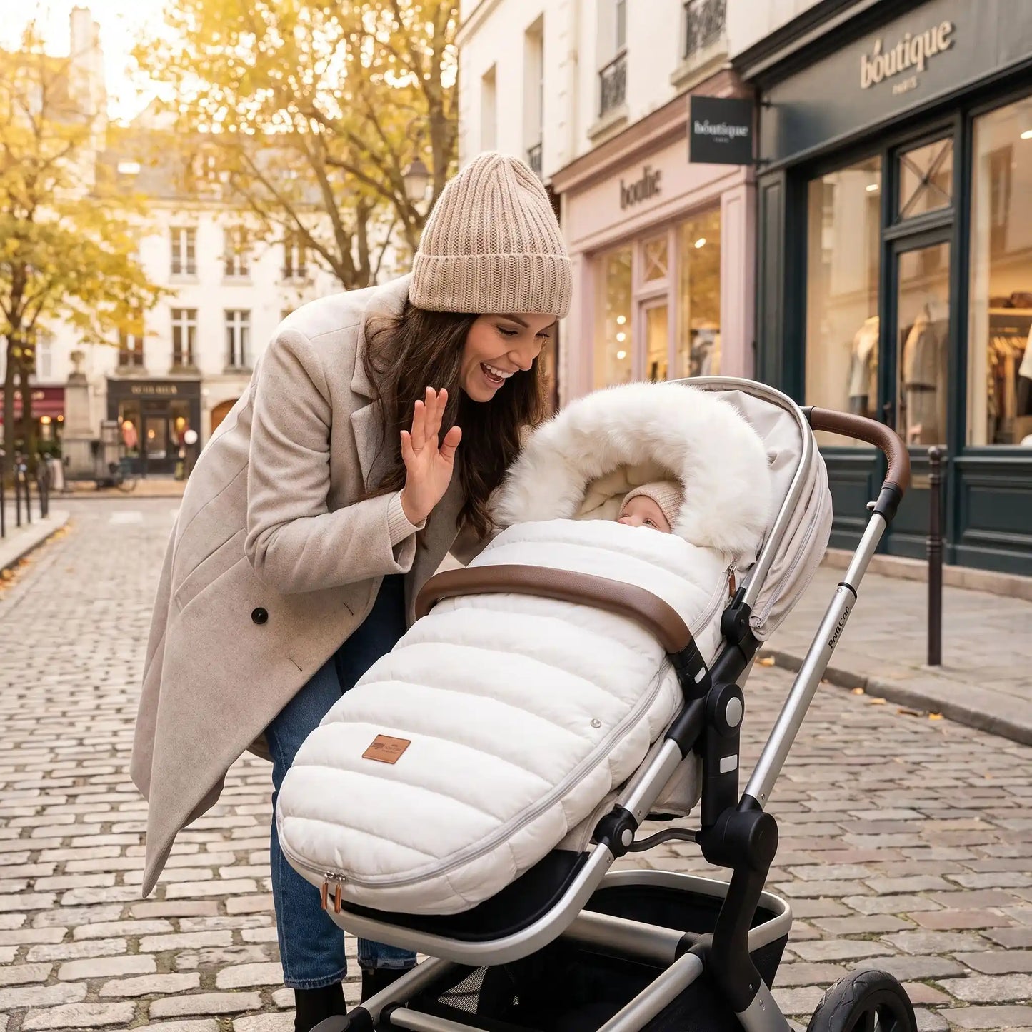 Maman fait à bébé dans chancelière poussette beige fourrure