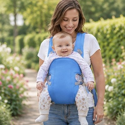 Maman fait un post avec bébé porte bebe bleu foncé