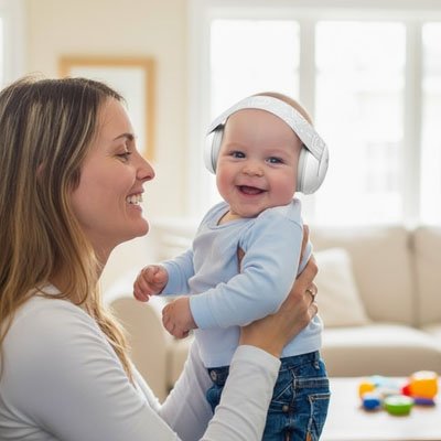 Maman heureuse  avec  bébé portant casque anti bruit bébé blanc