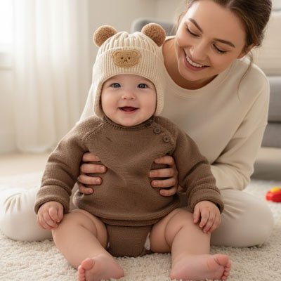 Maman heureuse et bébé portant bonnet bebe beige tricot