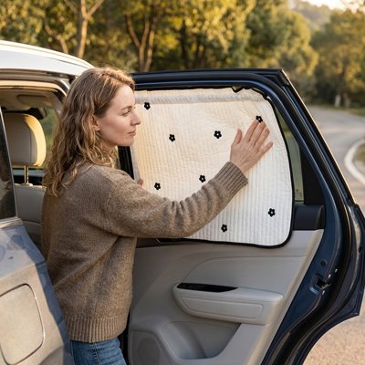 Maman installe pare soleil voiture bébé tulipe