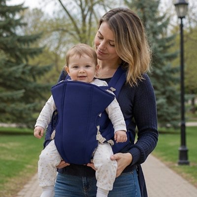 Maman marche au parc avec bébé porte bebe bleu foncé