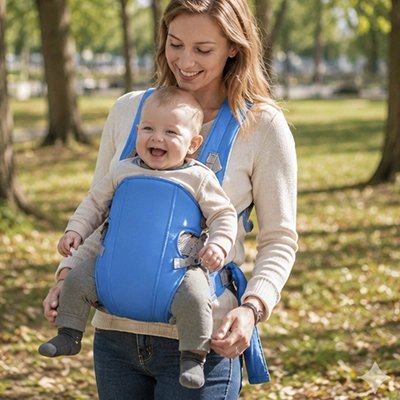 Maman marche au parc avec bébé porte bebe bleu 