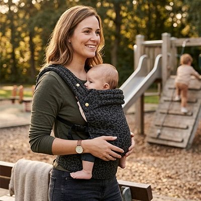 Maman marche avec bébé dans porte bebe couleur points noir