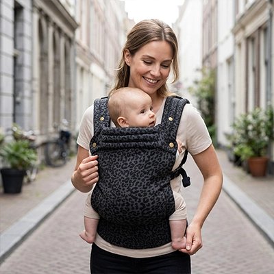 Maman marche avec bébé dans porte bebe points noir