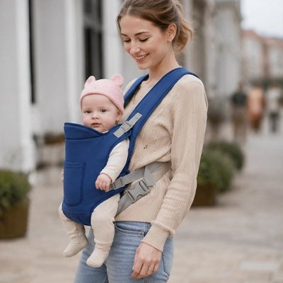 Maman marche avec bébé dans porte bébé bleu foncé