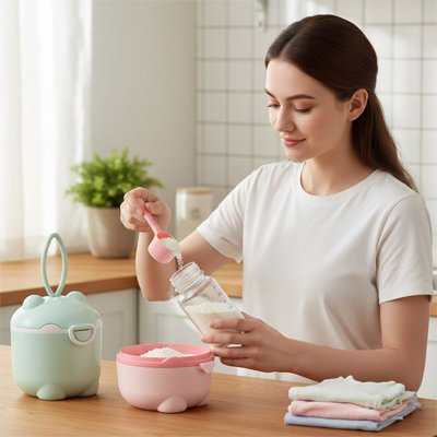 Maman mesure lait avec boite doseuse lait verte et rose