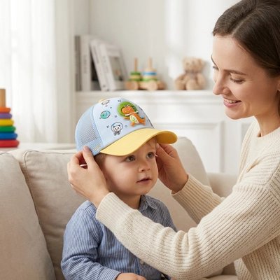 Maman met casquette bebe bleu jaune à bébé