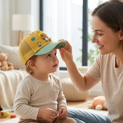Maman met casquette bebe jaune  vert à bébé
