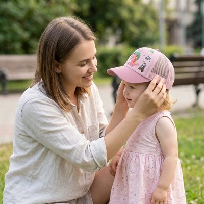 Maman met casquette bebe rose à bébé au parc