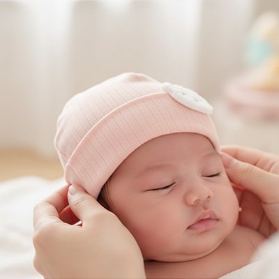 maman met un bonnet bébé rose à bébé