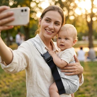 Maman mode selfie tient bébé dans porte bebe model tendance gris